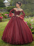 Ball Gown Off the Shoulder Long Sleeves Tulle Appliques Prom Dress LBQ3527
